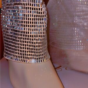 Cream Mid Rhinestone High Heel Pointed Toe Boot